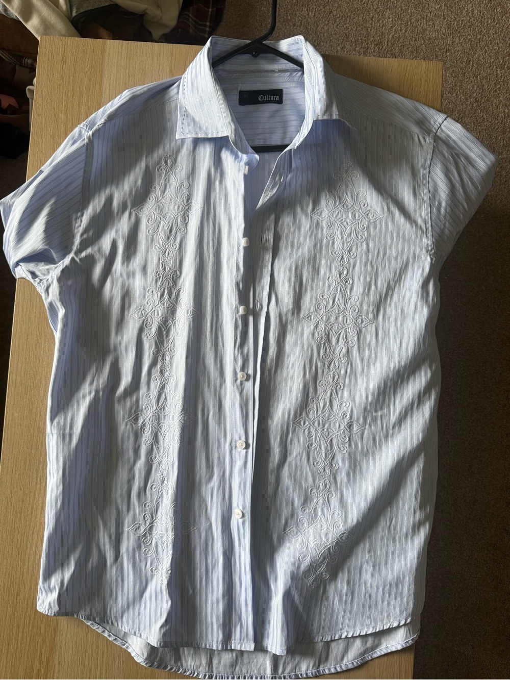 CULTURA Large Light Blue Striped Embroidered Short-Sleeve Shirt